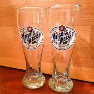 A pair of vintage German Maisel's Hefe Weise beer glasses.